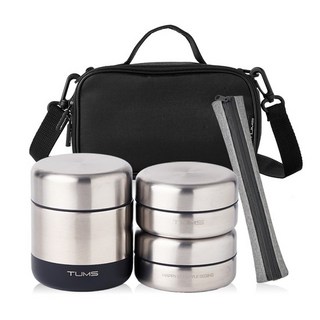 텀스 올 스텐 보온 도시락 용기300ml + 반찬용기200ml x 2p + 젓가락 + 젓가락 케이스 + 가방 세트, 블랙, 1개