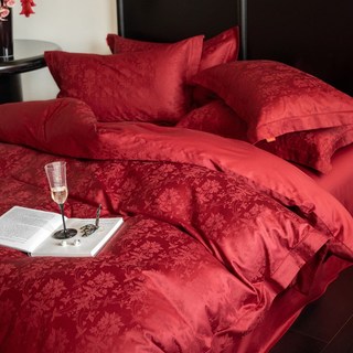 DFMEI A類100支輕奢復古長絨棉婚慶四件套結婚紅色高檔純棉婚房牀上用品