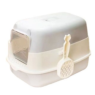 全罩半罩兩用貓砂盆，可拆式設計，附貓砂鏟, 1個, 可拆式全罩半罩兩用貓砂盆(白灰色)