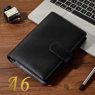 A5真皮活頁筆記本，牛皮記事本，高檔商務辦公用品，可定製logo手帳本，活頁夾，活頁本, 1個, A6-黑色