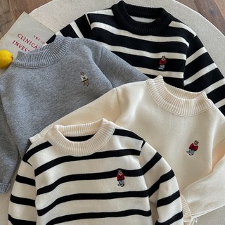 兒童加絨A類毛衣 秋冬男童條紋小熊男女寶寶高領針織毛衣