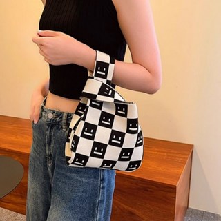가벼운 여성 체커보드 니트백 데일리 미니 스마일 토트백