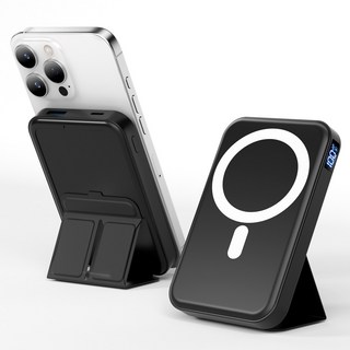 TRYSEEK 맥세이프 보조배터리 10000mAh 무선 보조배터리 고속충전 PD22.5W QC3.0 C타입 핸드폰거치대, 블랙, W15