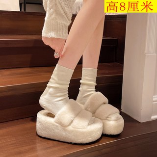 8公分厚底增高毛毛女拖鞋 2024新款百搭松糕一字拖 高跟棉拖鞋
