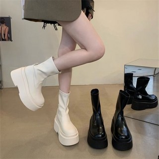 女款厚底馬丁靴 彈力套筒設計 百搭顯瘦踝靴 米白色