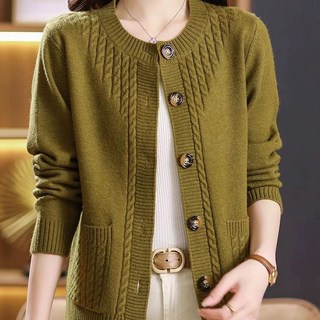 AOKADA 여성 가을 겨우 루즈핏 라운드 꽈배기 니트 가디건 여자 점퍼