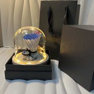 永生花 羽毛球 創意DIY手工擺件 閨蜜生日禮物, 1個, YY碎冰藍【禮盒+禮袋+賀卡】