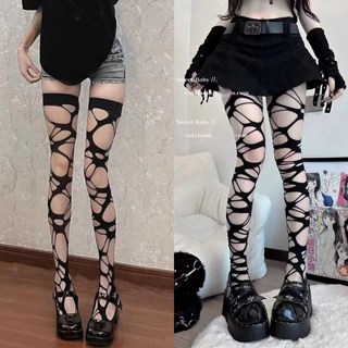 夢欲 y2k 自制 哥特 朋克 黑色破洞絲襪 打底連褲網襪 Y2K 千禧辣妹