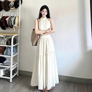 해피유통 여성용 여름 무슬림 롱 원피스 민소매 롱 드레스 면 린넨 혼방 하이넥 프릴 장식 mgy