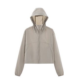 DZRZVD杜戛地女款短版連帽防曬外套，絕佳觸感頂級機能布料，YKK拉鍊連帽遮陽，輕薄透氣防曬抗UV, 漠北咖,XL