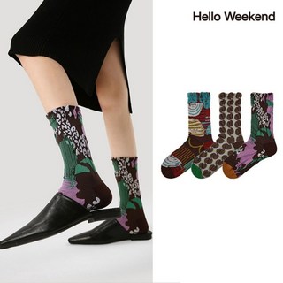 Hello Weekend 여성 양말 배색 겨울 양말 중목 양말 장목 양말 중목 양말 스트라이프 편안한 무압박 운동 통기성 패션 면 양말 3족 세트