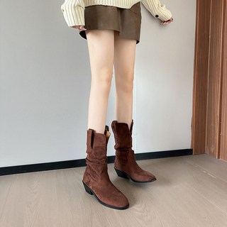 復古時尚牛仔靴女 尖頭粗跟 褶皺堆堆短筒馬丁靴 騎士靴