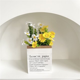 嘉義出貨 ins仿真小雛菊 送紙袋假花 小清新餐桌裝飾花束 野餐拍照擺拍小道具 7叉小雛菊人造花束, 1白色+1黃色+ins紙袋, 1個