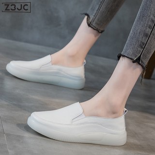 Z3JC 厚底真皮樂福鞋 女春秋新款休閒鬆糕懶人鞋 軟皮軟底大碼小白鞋