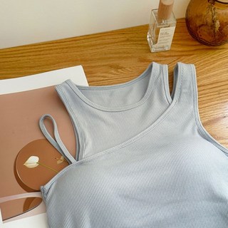 【Fee現貨6色】假兩件不規則胸墊繞頸背心 BRA TOP 女上衣 女背心 削肩背心 細肩帶寬肩帶挖肩背心 夏天背心