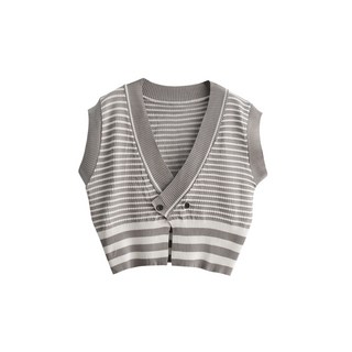 崔可小姐 條紋針織V領馬甲背心 寬鬆外穿毛衣背心 HG0049