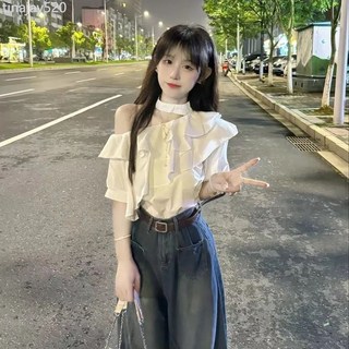 荷葉邊法式掛脖白色襯衫女，高級感夏季純欲風性感斜肩短袖上衣