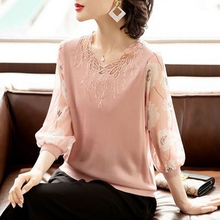 MOSAIRATION 여성 레이스 브이넥 니트 연결 플라워 시스루 프린트 7부 소매 데일리 레이온 이너 니트 티셔츠 I040719