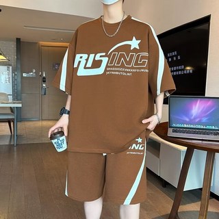 日系男運動休閒套裝：夏季短袖T恤+休閒短褲，韓版潮流運動服，籃球衣兩件套