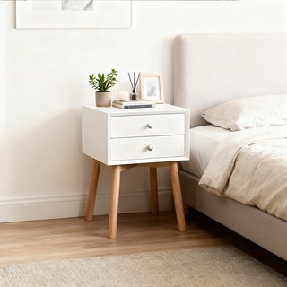 E家工廠 床頭櫃 附雙抽屜床邊櫃 簡約收納邊桌 白色 40x40x63cm, 1個, 319-床頭櫃白色（只需裝腳和抽屜）