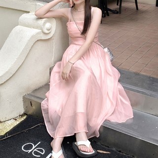 cammello 베이비핑크 쉬폰 끈나시 롱 원피스 롱드레스