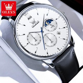 OLEVS 남성용 비즈니스 시계 블루 가죽 방수 날짜 럭셔리 문페이즈 크로노그래프 쿼츠 시계 패션 브랜드 신제품