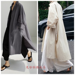 中長款風衣韓國chic外套女生 夏季薄款連衣裙過膝長款開叉棉麻風衣外套 防風大衣寬鬆亞麻薄款開衫風衣