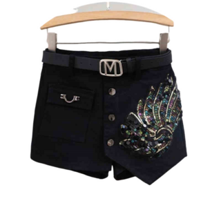 댄스복 반바지 스팽글 치마 반바지 스팽글 자수 뉴하이웨스트 언밸런스 데님 반바지 뉴타임즈