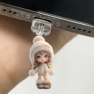 구해바 C타입 충전단자 보호캡 휴대폰 먼지차단 마개 고양이 강아지 키링 1+1, 2개, 털모자 소녀