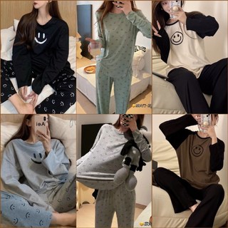 嘉義出貨 韓版笑臉撞色家居服女 秋冬睡衣套裝 長袖休閒寬鬆可外穿兩件套 女版居家睡衣套裝