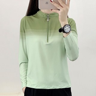 女款夏季冰絲半拉鏈上衣 超彈力透氣機能衣 排汗衫 涼感衣 速乾立領長袖T恤 登山