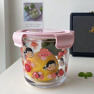 桃園出貨 密封保鮮盒卡通湯碗家用玻璃飯盒 玻璃湯碗帶蓋密封學生宿舍方形飯盒 女大容量, 女孩【圓形】湯碗單隻, 1個