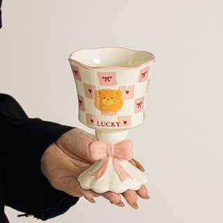 高顏值精緻馬克杯禮盒，生日禮物閨蜜伴手禮，送女生伴娘高檔禮品，臺灣出貨, 粉色蝴蝶結小熊高腳杯-方格, 1個