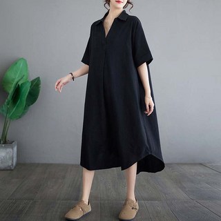 여성 여름 루즈핏 셔츠 원피스 린넨 5부 반팔 카라넥 롱 원피스 빅사이즈 오버핏 원피스