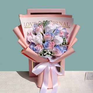 ONAKY 졸업식 장미 비누 꽃다발 + 선물상자 시들지 않는 졸업 선물, 핑크색