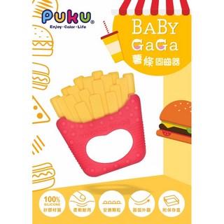PUKU藍色企鵝 Baby GaGa薯條固齒器(含鍊夾/收納盒)，柔軟矽膠材質，舒緩寶寶長牙不適，訓練抓握能力, 1個