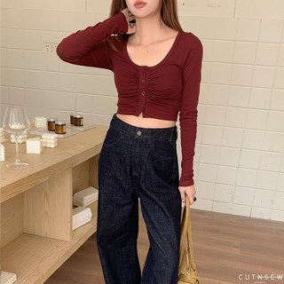 CUTNSEW 70462 抓皺排釦 BRATOP 淑女短版上衣 長袖, 鐵灰