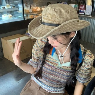 西部辣妹牛仔帽子女夏季復古水洗抽繩漁夫帽戶外遮陽帽登山太陽帽