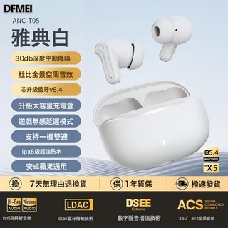 DFMEI 藍牙耳機長續航TWS藍牙耳機久戴不痛ANC+ENC降噪無線耳機, ANC-T05, 白色