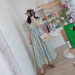 여성 반팔원피스 체크 롱원피스