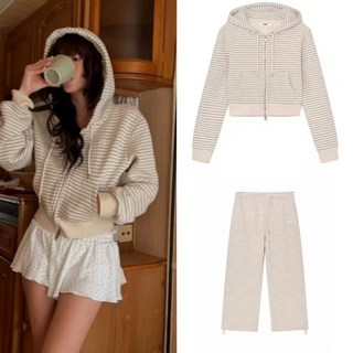 韓國小眾 直井憐同款 條紋連帽拉鍊衛衣外套 休閒時尚舒適百搭