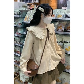 小眾上衣 2025春新款法式復古日系繡花木耳邊娃娃領燈芯絨襯衫