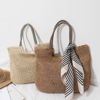 雙色提把大容量草編肩背包, 米色