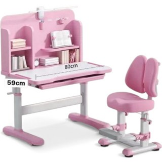 兒童成長學習桌椅套裝，人體工學設計，護眼檯燈，多功能收納，可調節高度, 粉色80手搖升降書桌加腳踏椅,, 80