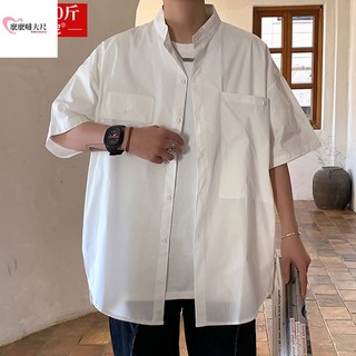 大尺碼新中式立領短袖襯衫，寬鬆中國風oversize襯衣，特大碼300斤男女皆宜