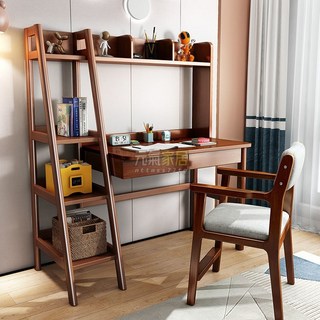 實木書桌書架組閤一體桌高初中小學生學習桌寫字桌電腦桌臺式家用桌子 書桌 學習桌 電腦桌, 胡桃色書桌+升降椅【左側書架】,1米單抽屜【需自裝】