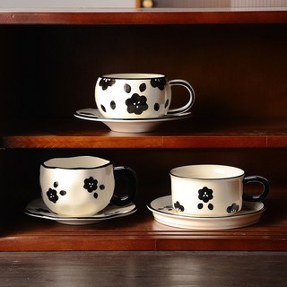 田園風山茶花咖啡杯碟蛋形杯子手捏手繪下午茶拉花杯高檔手禮北歐風馬克杯茶杯ins風牛奶杯咖啡杯水杯果汁杯隨行杯, 山茶花手捏杯碟,約280ml, 1個