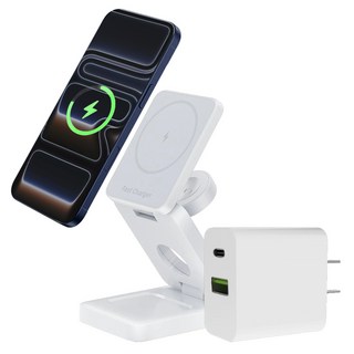 台灣製造 三合一折疊式磁吸無線充電座 旅行折疊 立架式 支援MagSafe 手機 手錶 AirPods同時充電, 20W組合【白色】, 1個