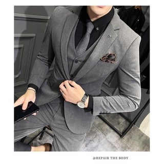 韓版潮流男士西裝三件套：修身西服套裝，新郎結婚禮服首選, 深灰色（西服+西褲）,2XL 適合135-150斤