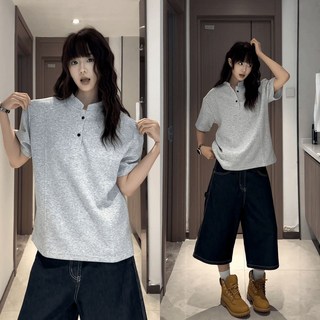 boxy亨利領短袖t卹男美式複古解構高級感夏季正肩顯瘦半袖polo衫